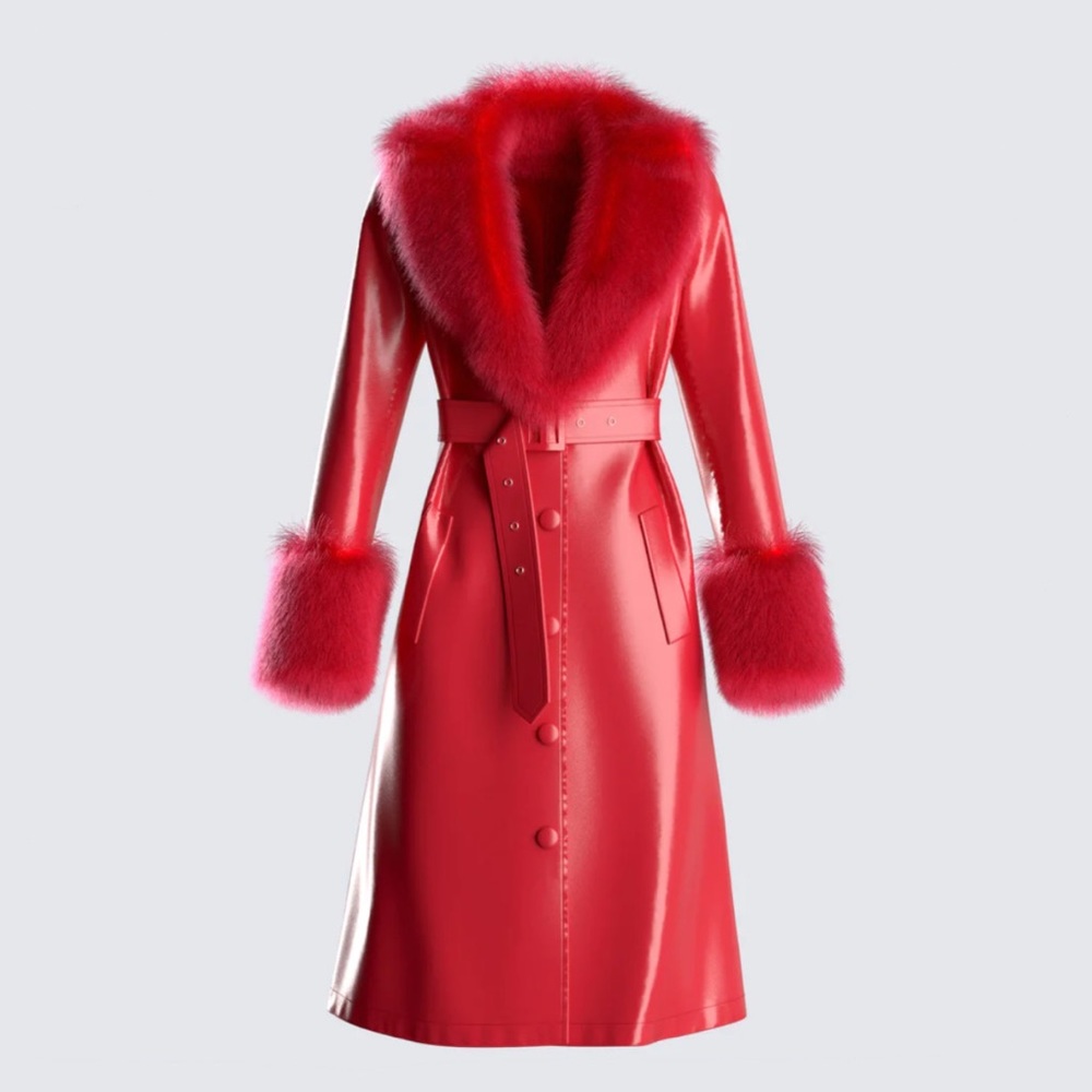 Red Vegan Fur Leather Coat